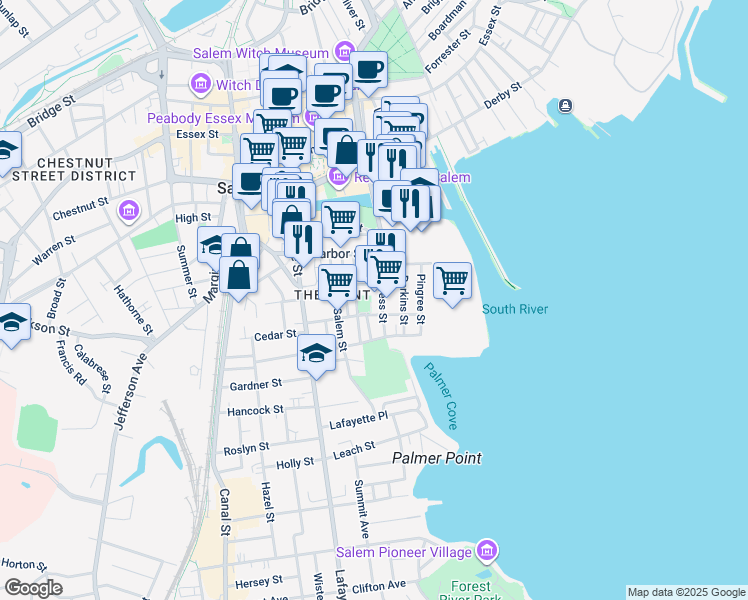 map of restaurants, bars, coffee shops, grocery stores, and more near 41 Palmer Street in Salem
