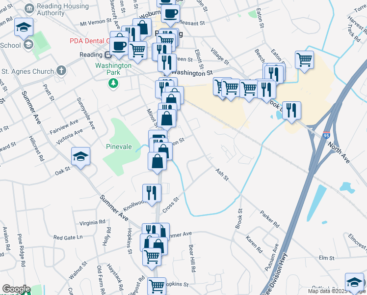 map of restaurants, bars, coffee shops, grocery stores, and more near 21 Shackford Road in Reading