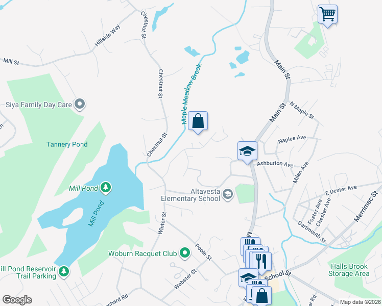 map of restaurants, bars, coffee shops, grocery stores, and more near 2 Cedarwood Road in Woburn
