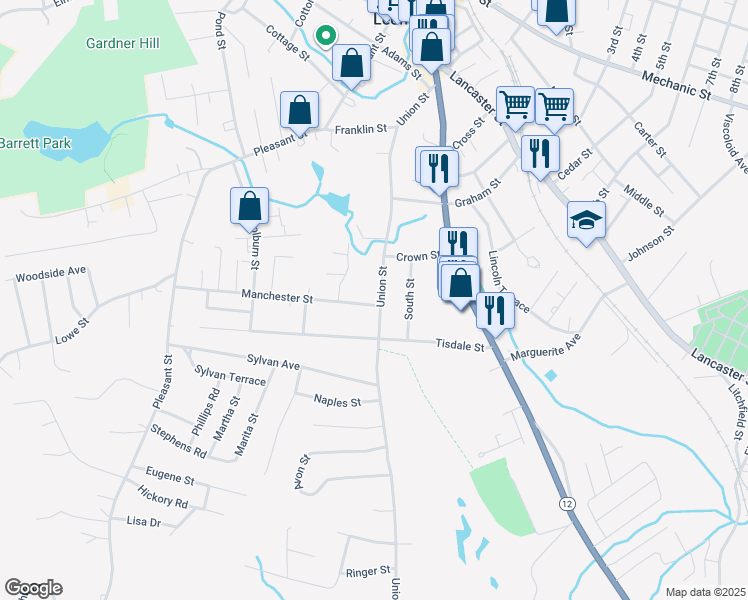 map of restaurants, bars, coffee shops, grocery stores, and more near 9 Manchester Street in Leominster