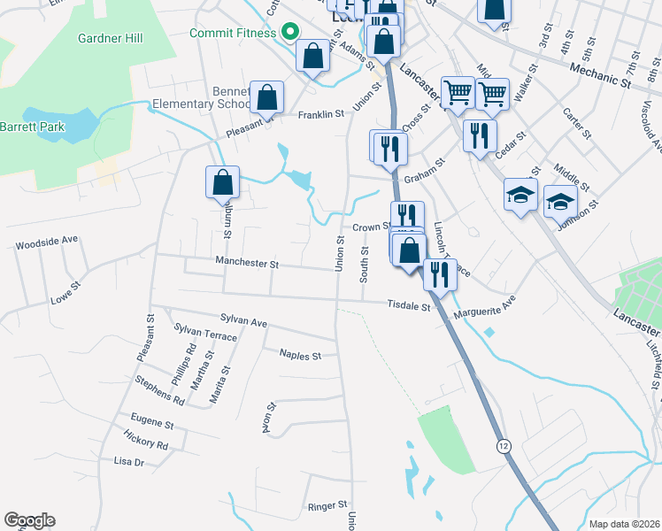 map of restaurants, bars, coffee shops, grocery stores, and more near 9 Manchester Street in Leominster