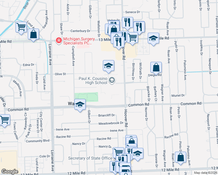 map of restaurants, bars, coffee shops, grocery stores, and more near 11391 Greentree Dr in Warren