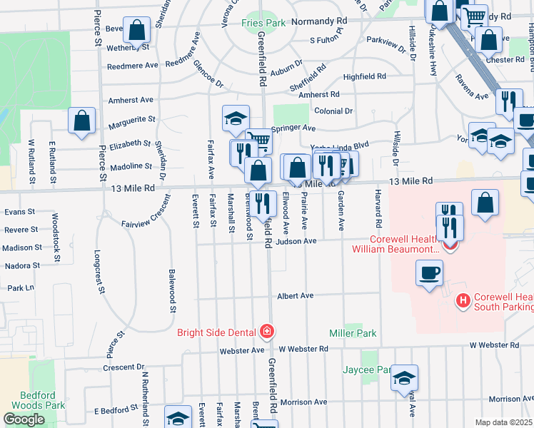 map of restaurants, bars, coffee shops, grocery stores, and more near 3340 Greenfield Road in Royal Oak