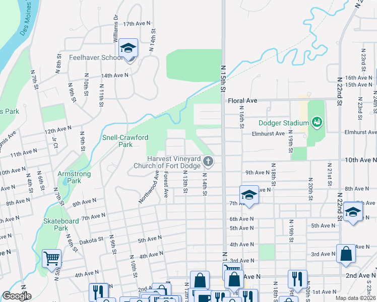 map of restaurants, bars, coffee shops, grocery stores, and more near 1300-1312 County Highway D18 in Fort Dodge