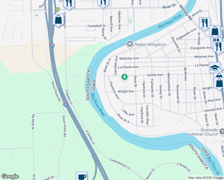 map of restaurants, bars, coffee shops, grocery stores, and more near 1800-1898 Wright Avenue in Sioux City