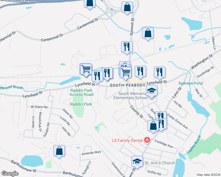 map of restaurants, bars, coffee shops, grocery stores, and more near 106 Lynnfield Street in Peabody