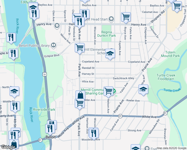 map of restaurants, bars, coffee shops, grocery stores, and more near 1452 Wisconsin Avenue in Beloit