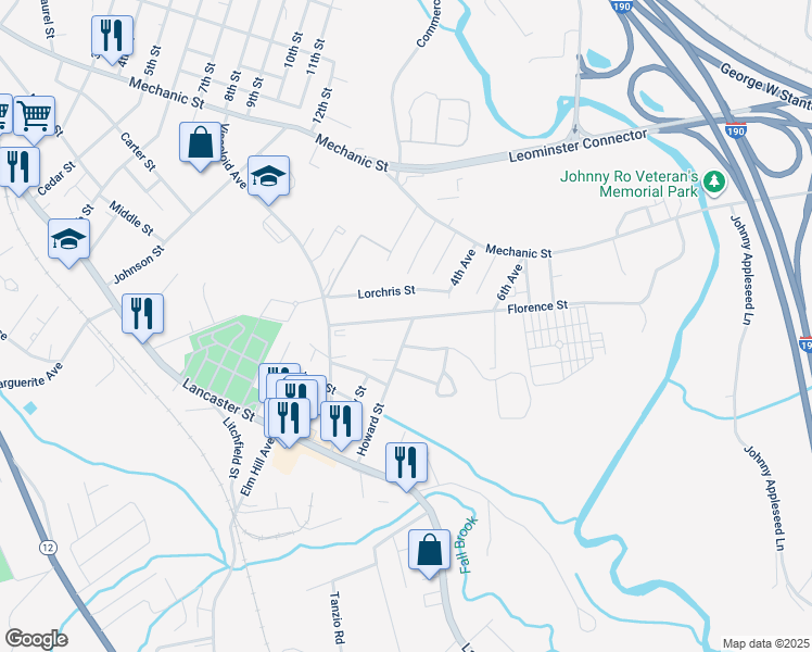 map of restaurants, bars, coffee shops, grocery stores, and more near 199 Florence Street in Leominster