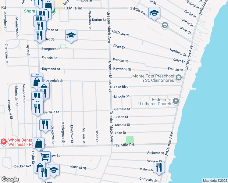 map of restaurants, bars, coffee shops, grocery stores, and more near 30110 Greater Mack Avenue in St. Clair Shores