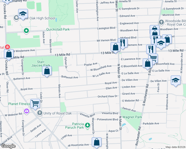 map of restaurants, bars, coffee shops, grocery stores, and more near 413 West La Salle Avenue in Royal Oak