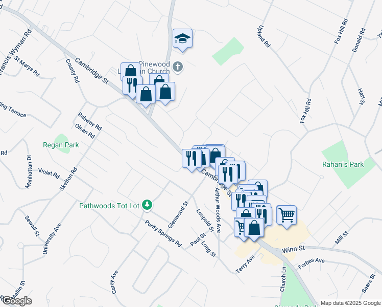 map of restaurants, bars, coffee shops, grocery stores, and more near 304 Cambridge Street in Burlington