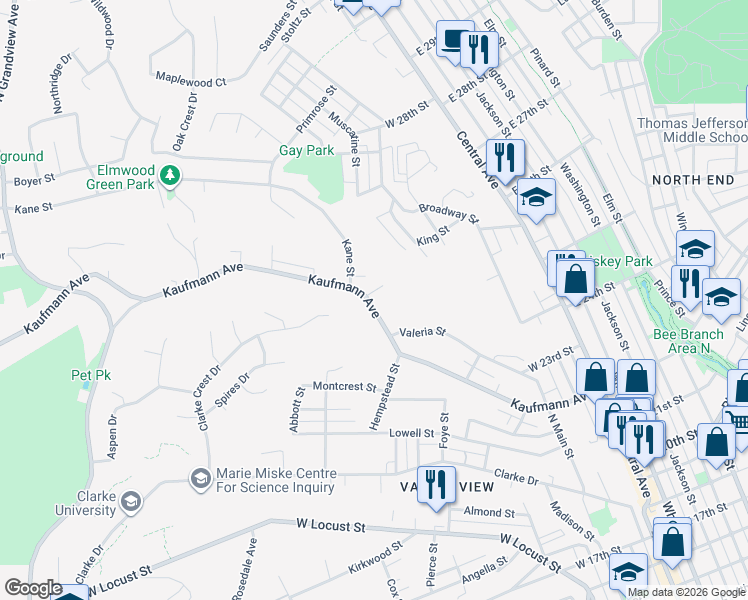 map of restaurants, bars, coffee shops, grocery stores, and more near 551 Kaufmann Avenue in Dubuque