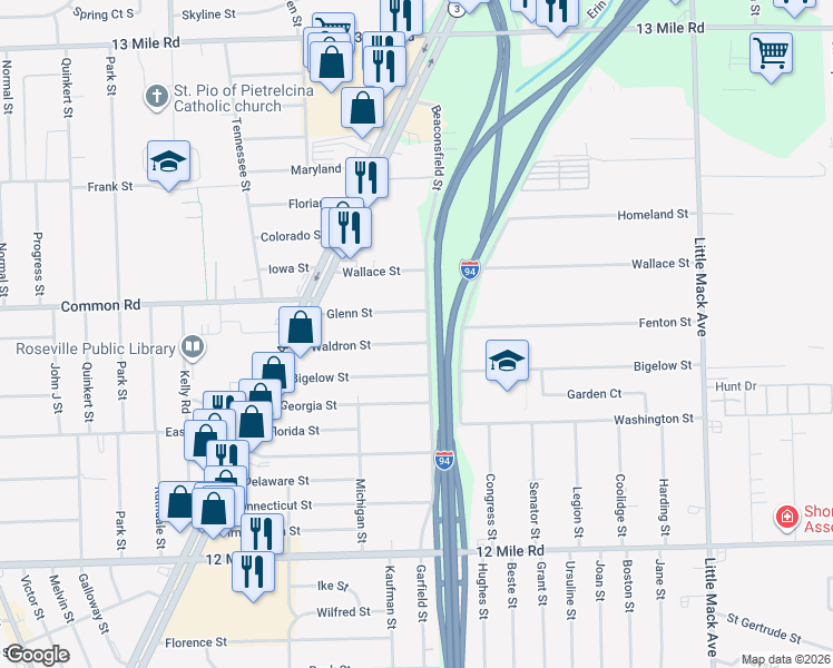 map of restaurants, bars, coffee shops, grocery stores, and more near 19569 Waldron Street in Roseville