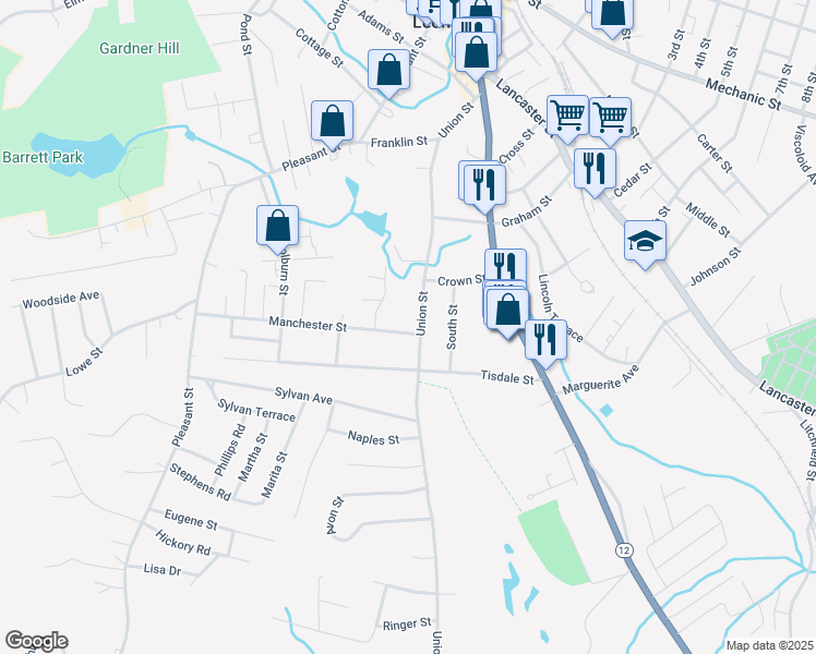 map of restaurants, bars, coffee shops, grocery stores, and more near 9 Manchester Street in Leominster