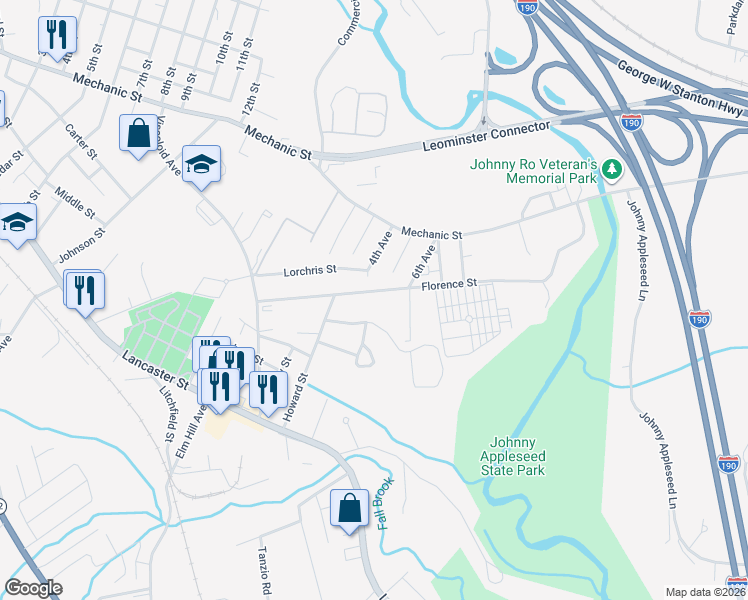 map of restaurants, bars, coffee shops, grocery stores, and more near 215 Florence Street in Leominster