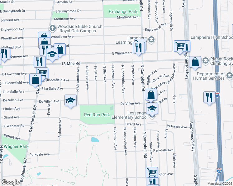 map of restaurants, bars, coffee shops, grocery stores, and more near 2927 North Vermont Avenue in Royal Oak