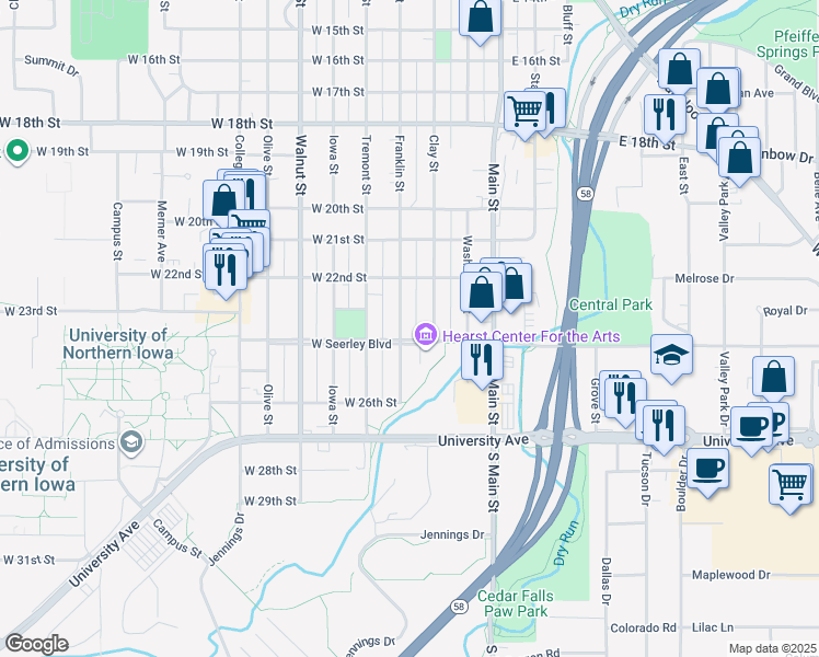 map of restaurants, bars, coffee shops, grocery stores, and more near 2316 Franklin Street in Cedar Falls