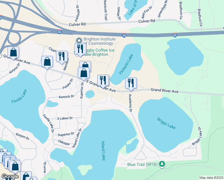 map of restaurants, bars, coffee shops, grocery stores, and more near 10801 East Grand River Avenue in Brighton
