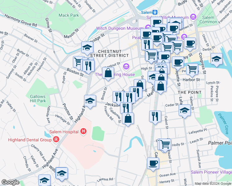 map of restaurants, bars, coffee shops, grocery stores, and more near 14 Phelps Street in Salem