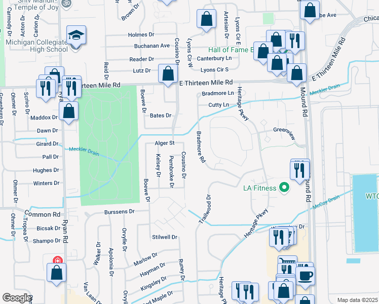 map of restaurants, bars, coffee shops, grocery stores, and more near 30363 Bradmore Road in Warren