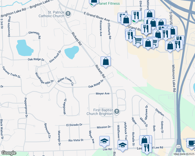 map of restaurants, bars, coffee shops, grocery stores, and more near 52-124 Oak Ridge Drive in Brighton