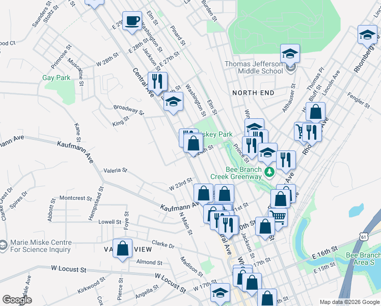 map of restaurants, bars, coffee shops, grocery stores, and more near 2345 White Street in Dubuque