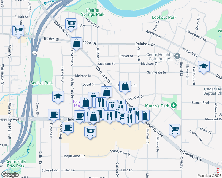 map of restaurants, bars, coffee shops, grocery stores, and more near 2328 Melrose Drive in Cedar Falls