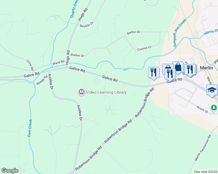 map of restaurants, bars, coffee shops, grocery stores, and more near 577 Galice Road in Merlin