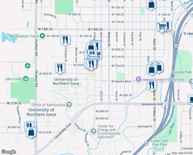 map of restaurants, bars, coffee shops, grocery stores, and more near 2322 College Street in Cedar Falls