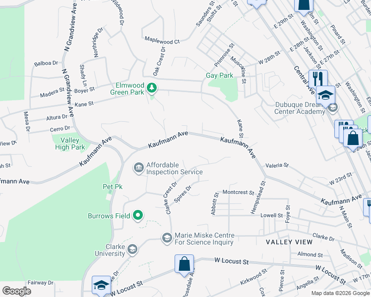 map of restaurants, bars, coffee shops, grocery stores, and more near 807 Lacey Court in Dubuque