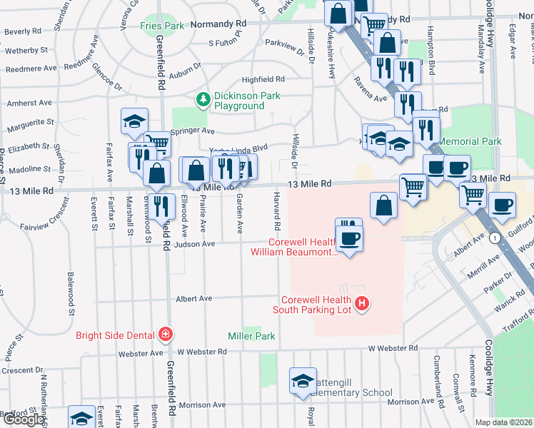 map of restaurants, bars, coffee shops, grocery stores, and more near 3329 Harvard Road in Royal Oak