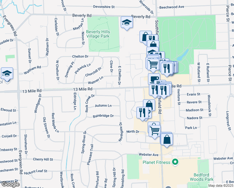map of restaurants, bars, coffee shops, grocery stores, and more near 30660 Northgate Drive in Southfield