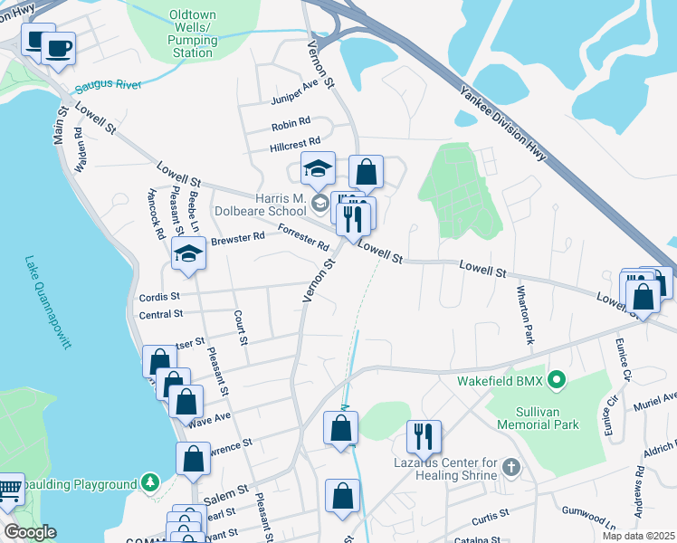 map of restaurants, bars, coffee shops, grocery stores, and more near 273 Vernon Street in Wakefield