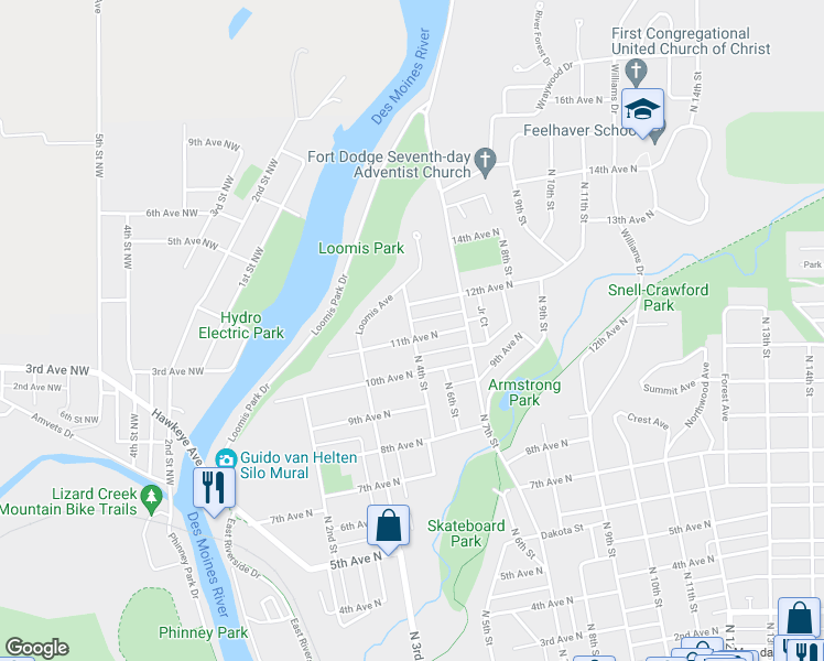 map of restaurants, bars, coffee shops, grocery stores, and more near 1124 North 4th Street in Fort Dodge