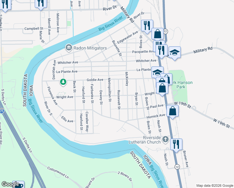 map of restaurants, bars, coffee shops, grocery stores, and more near 2201 Roosevelt Street in Sioux City