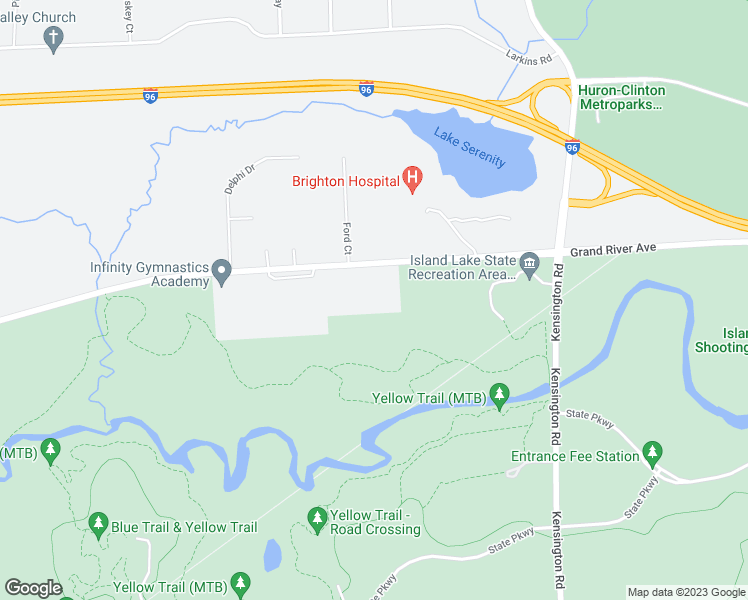 map of restaurants, bars, coffee shops, grocery stores, and more near 12650 Grand River Avenue in Brighton