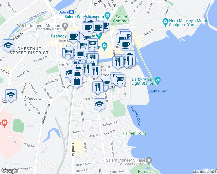 map of restaurants, bars, coffee shops, grocery stores, and more near 29 Park Street in Salem