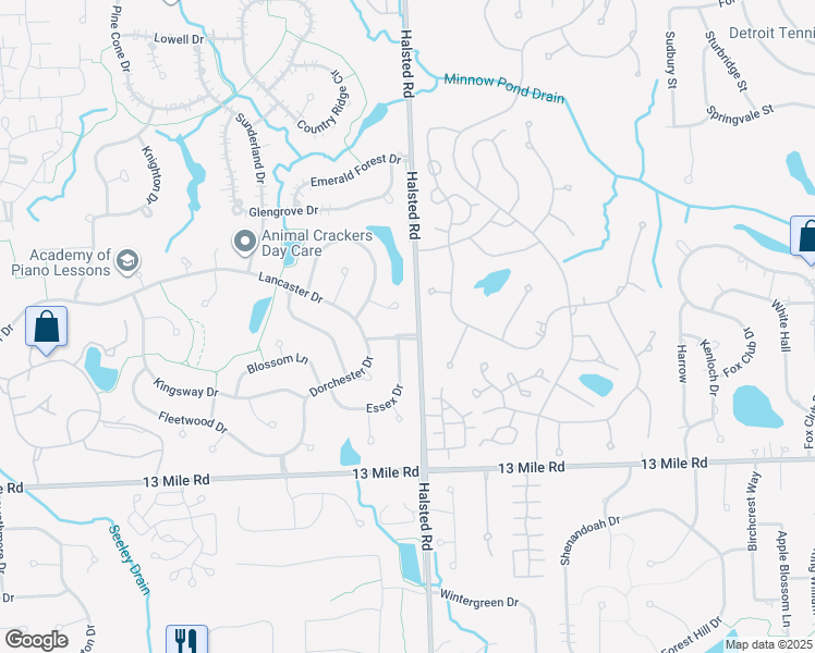 map of restaurants, bars, coffee shops, grocery stores, and more near 37410 Worchester Avenue in Farmington Hills