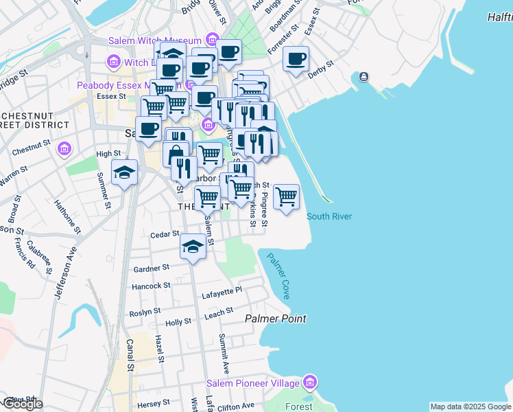 map of restaurants, bars, coffee shops, grocery stores, and more near 38 Perkins Street in Salem