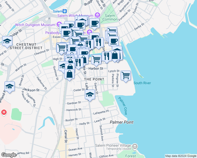 map of restaurants, bars, coffee shops, grocery stores, and more near 38 Salem Street in Salem