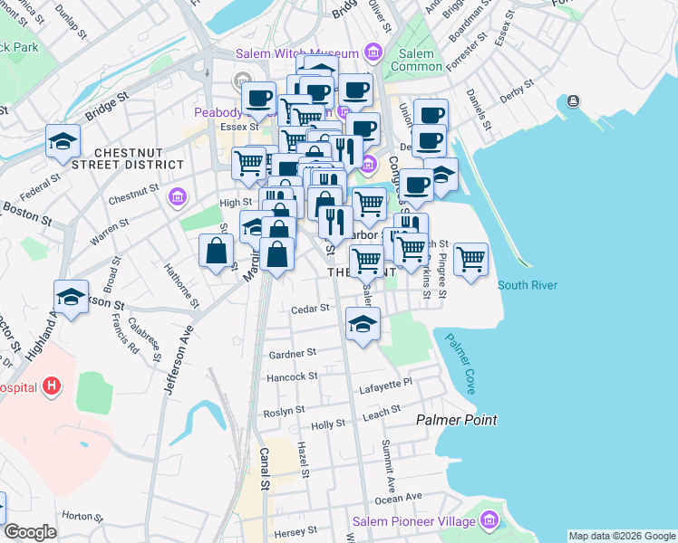 map of restaurants, bars, coffee shops, grocery stores, and more near 154 Lafayette Street in Salem