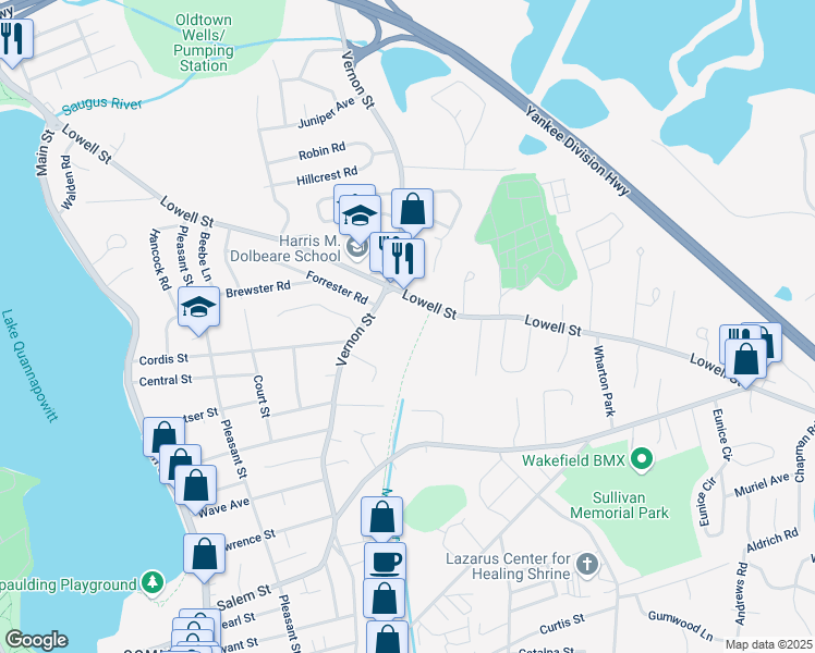 map of restaurants, bars, coffee shops, grocery stores, and more near 273 Vernon Street in Wakefield