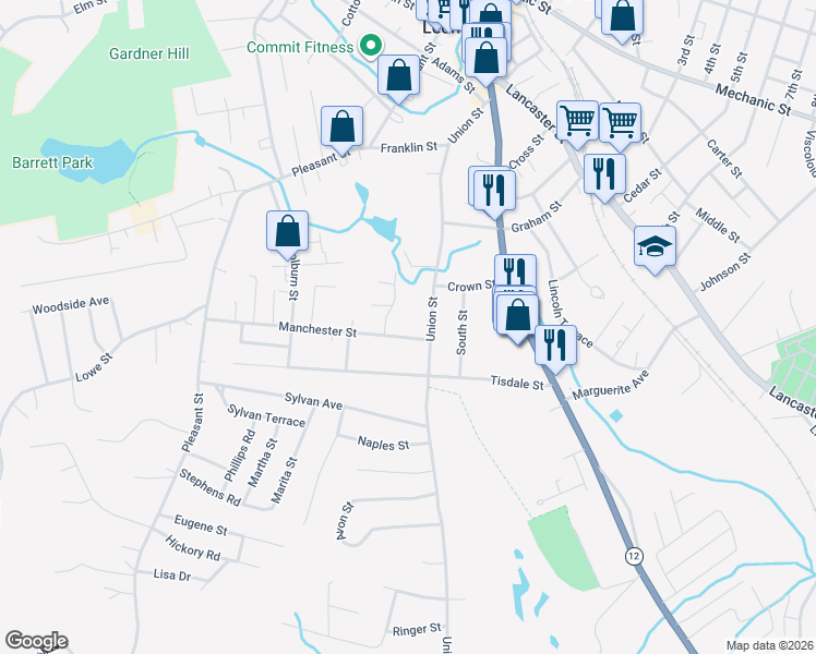 map of restaurants, bars, coffee shops, grocery stores, and more near 9 Manchester Street in Leominster