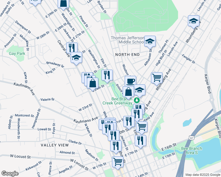 map of restaurants, bars, coffee shops, grocery stores, and more near 2322 Jackson Street in Dubuque