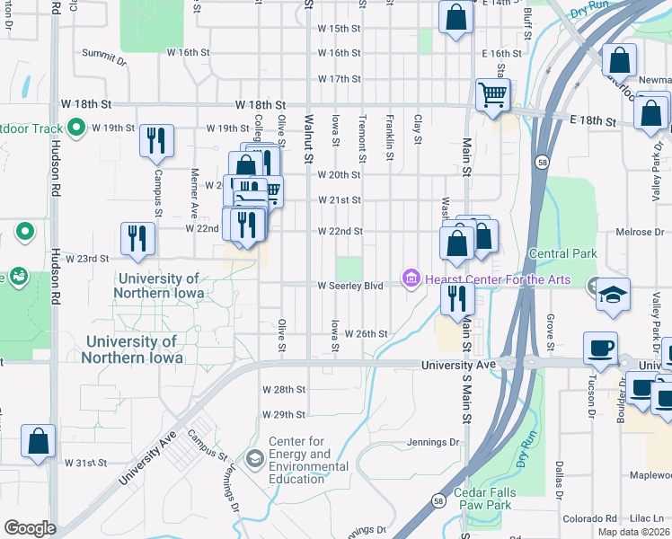 map of restaurants, bars, coffee shops, grocery stores, and more near 2321 Iowa Street in Cedar Falls