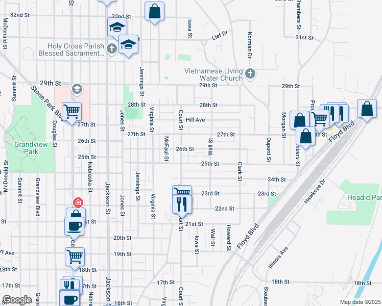 map of restaurants, bars, coffee shops, grocery stores, and more near 1101-1299 25th St in Sioux City
