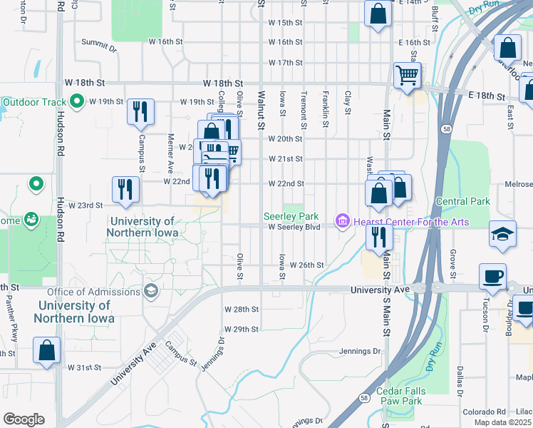 map of restaurants, bars, coffee shops, grocery stores, and more near 2314 Walnut Street in Cedar Falls