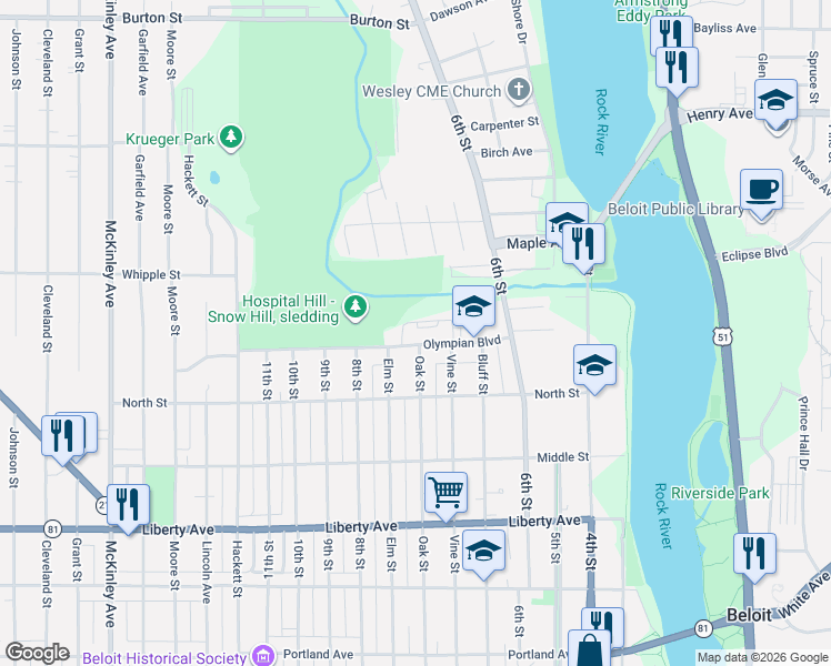 map of restaurants, bars, coffee shops, grocery stores, and more near 431 Olympian Boulevard in Beloit