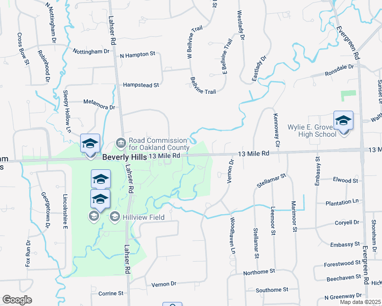 map of restaurants, bars, coffee shops, grocery stores, and more near 21525 13 Mile Road in Beverly Hills