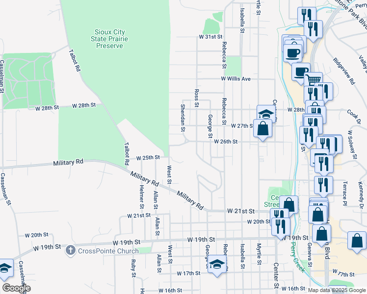 map of restaurants, bars, coffee shops, grocery stores, and more near 1622 West 26th Street in Sioux City